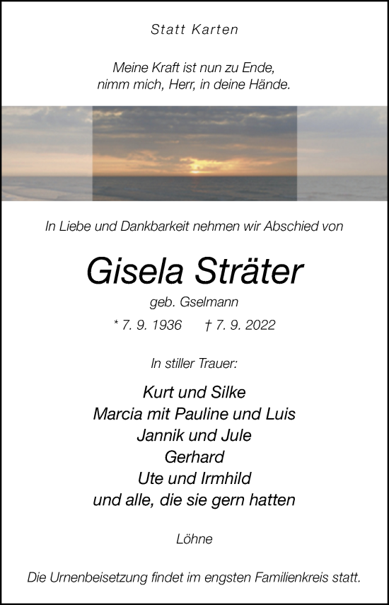 Traueranzeige von Gisela Sträter von Westfalen-Blatt