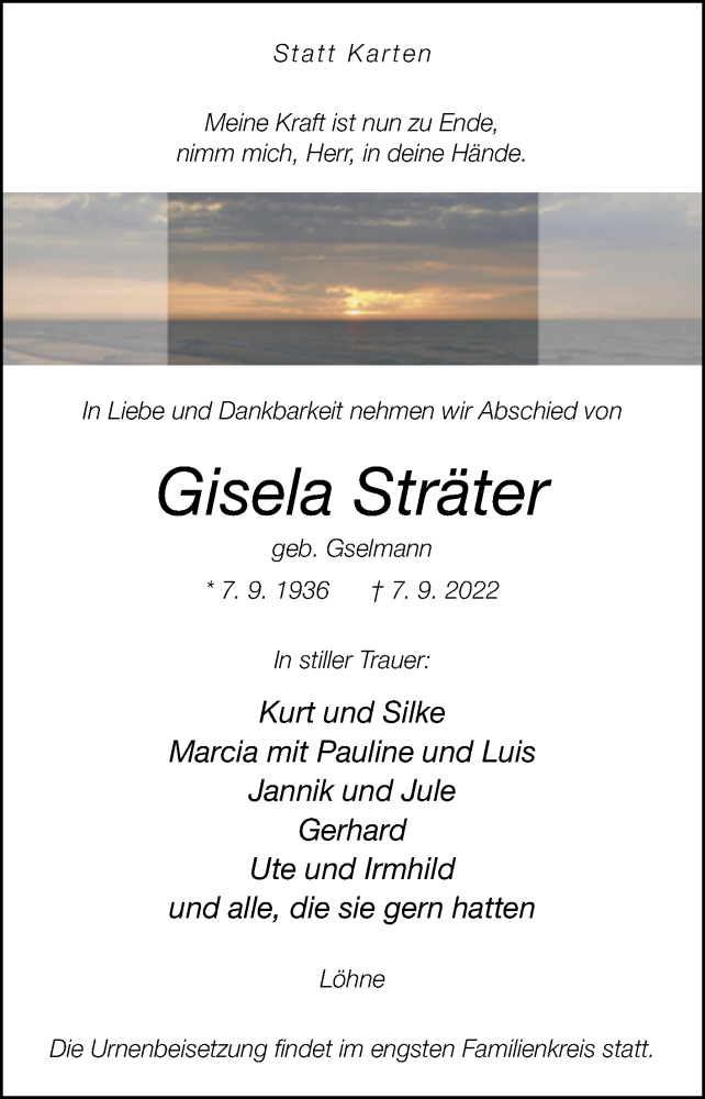  Traueranzeige für Gisela Sträter vom 10.09.2022 aus Westfalen-Blatt