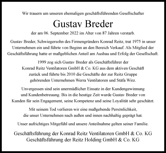 Traueranzeige von Gustav Breder von Westfalen-Blatt