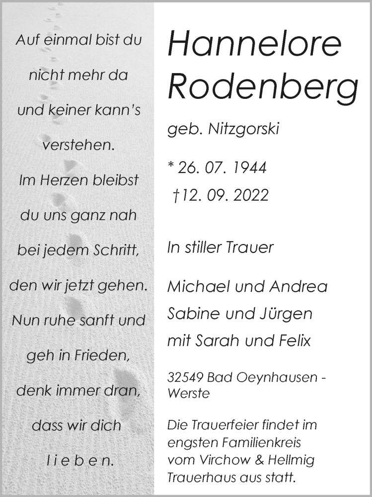  Traueranzeige für Hannelore Rodenberg vom 17.09.2022 aus Westfalen-Blatt