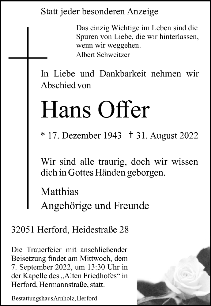  Traueranzeige für Hans Offer vom 03.09.2022 aus Westfalen-Blatt