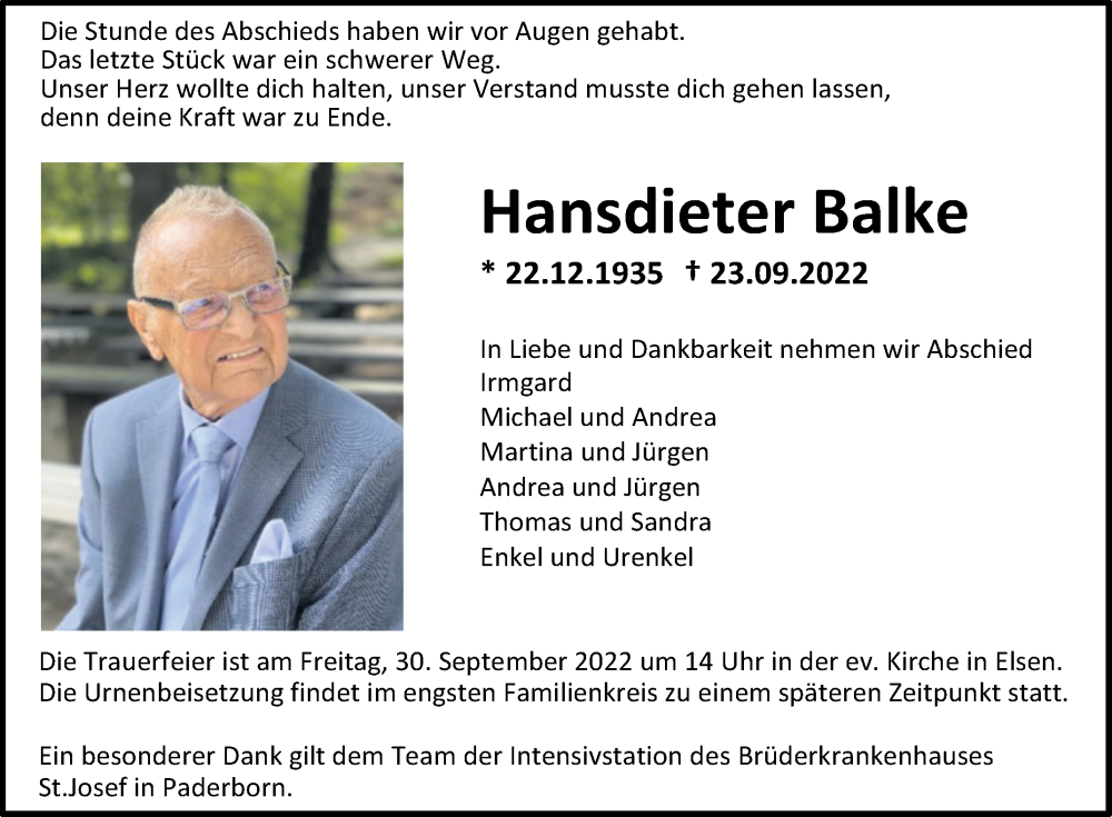  Traueranzeige für Hansdieter Balke vom 27.09.2022 aus Westfalen-Blatt