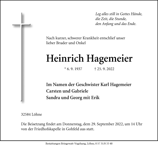Traueranzeige von Heinrich Hagemeier von Westfalen-Blatt