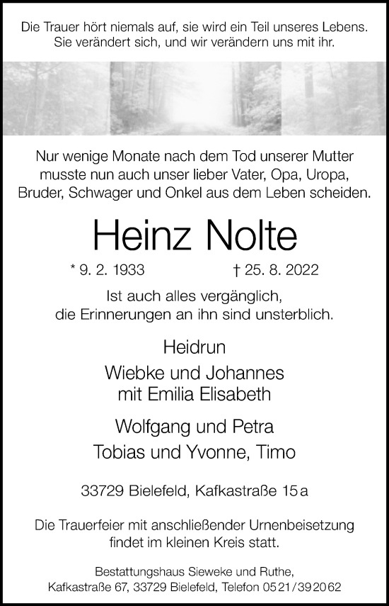 Traueranzeige von Heinz Nolte von Westfalen-Blatt