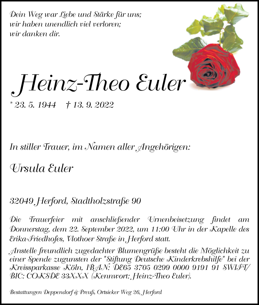  Traueranzeige für Heinz-Theo Euler vom 16.09.2022 aus Westfalen-Blatt