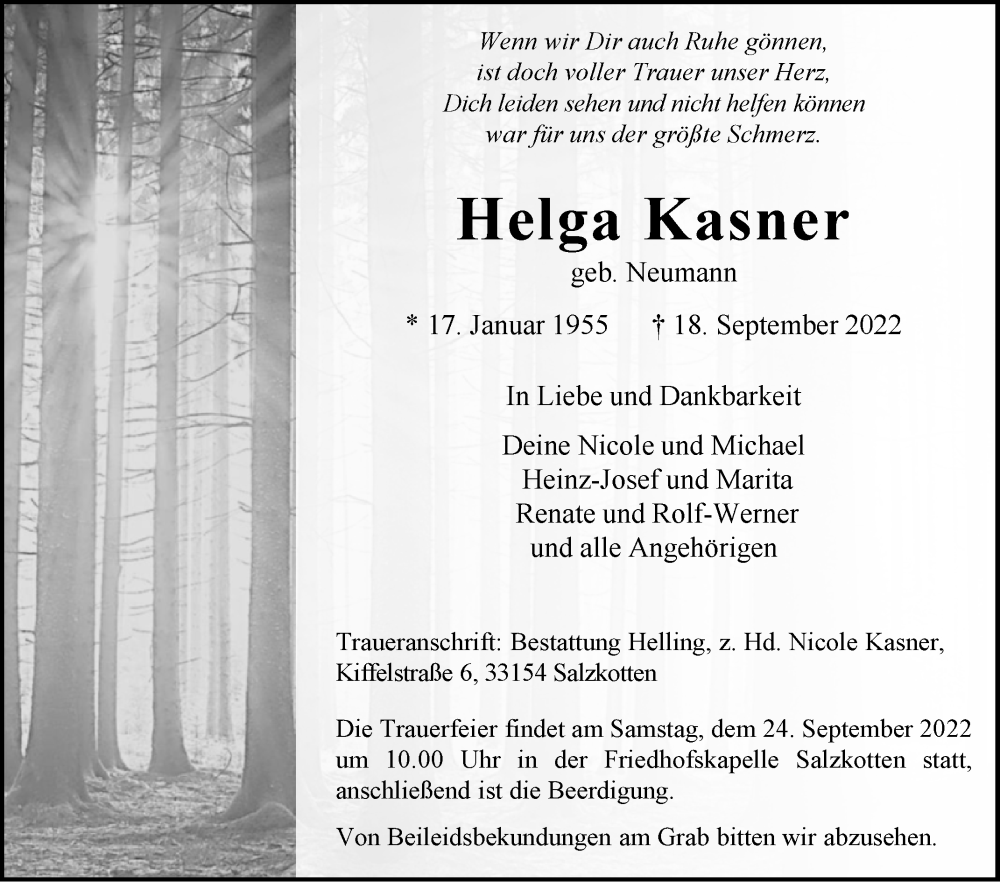  Traueranzeige für Helga Kasner vom 21.09.2022 aus Westfalen-Blatt