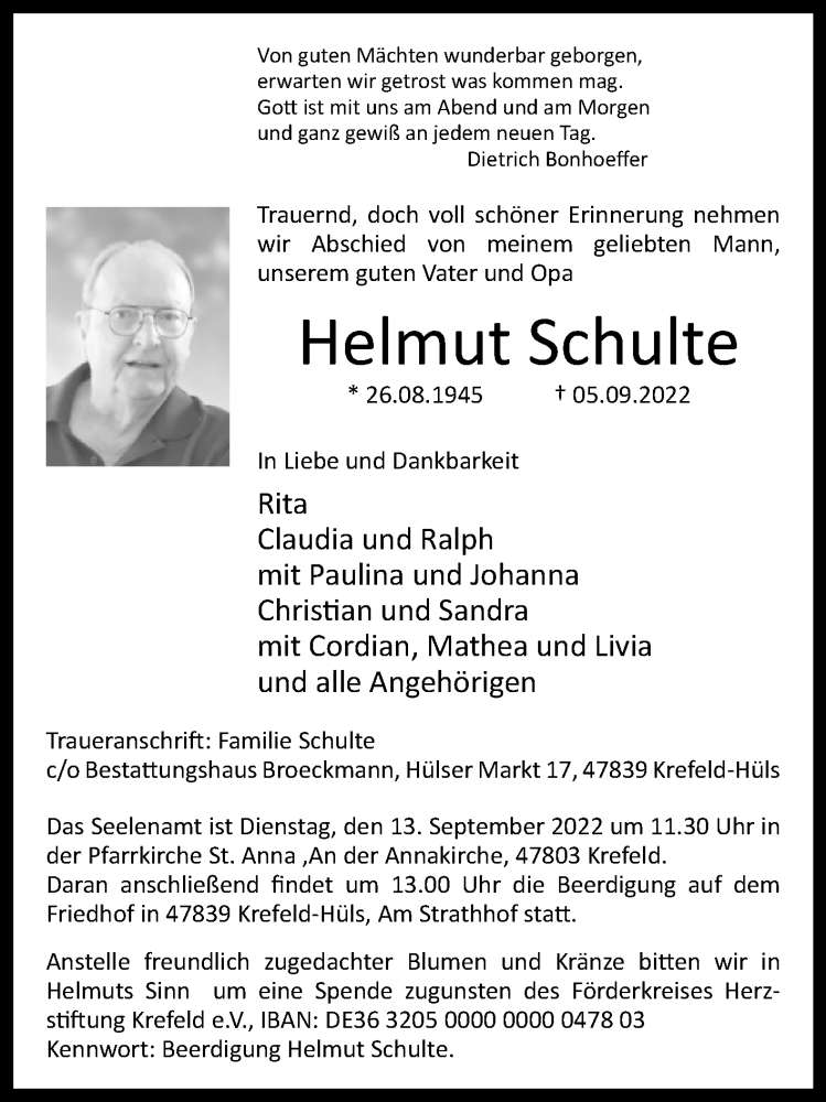  Traueranzeige für Helmut Schulte vom 10.09.2022 aus Westfalen-Blatt