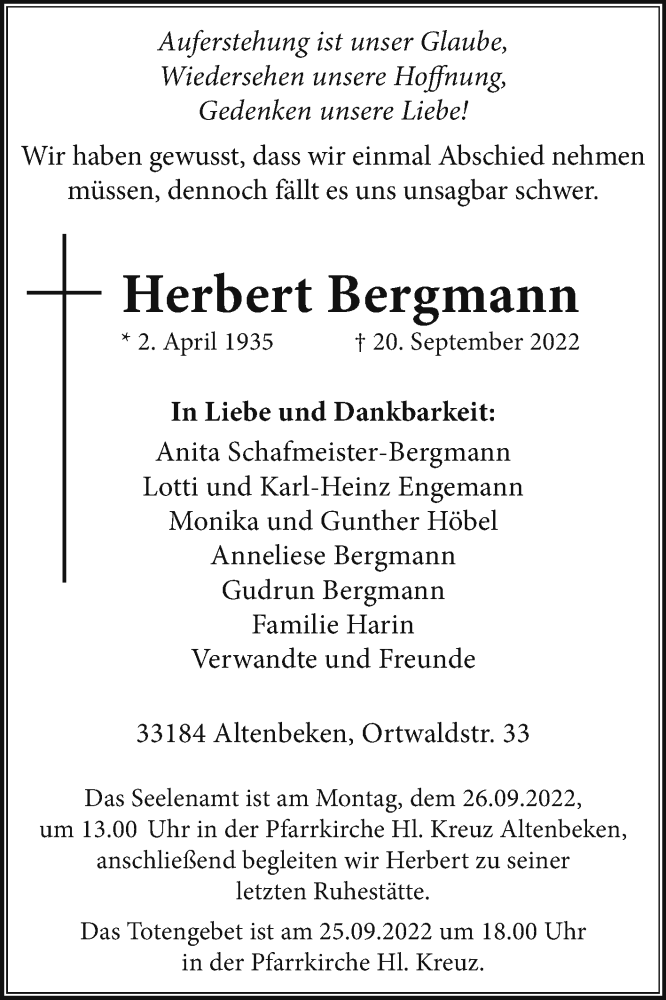  Traueranzeige für Herbert Bergmann vom 23.09.2022 aus Westfalen-Blatt