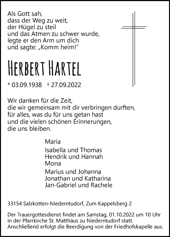 Traueranzeige von Herbert Hartel von Westfalen-Blatt