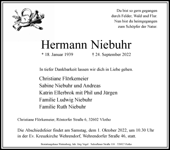 Traueranzeige von Hermann Niebuhr von Westfalen-Blatt
