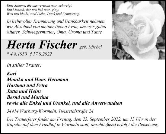 Traueranzeige von Herta Fischer von Westfalen-Blatt