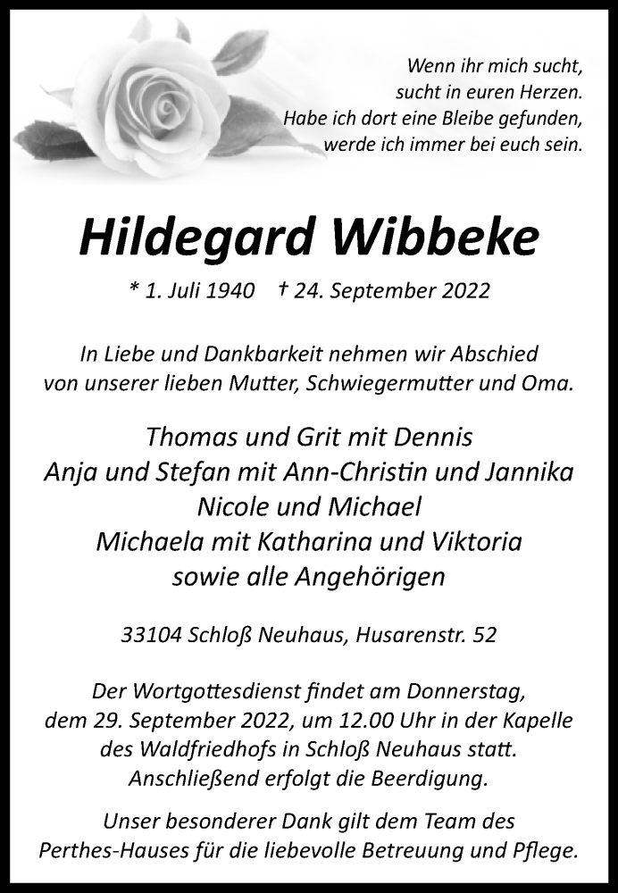  Traueranzeige für Hildegard Wibbeke vom 27.09.2022 aus Westfalen-Blatt