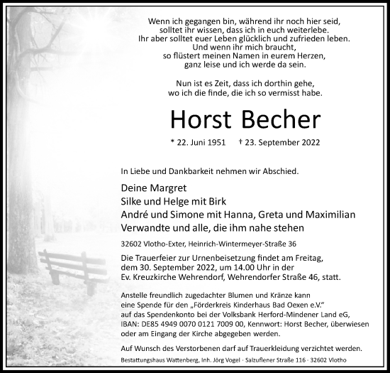 Traueranzeige von Horst Becher von Westfalen-Blatt