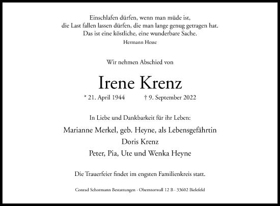 Traueranzeige von Irene Krenz von Westfalen-Blatt