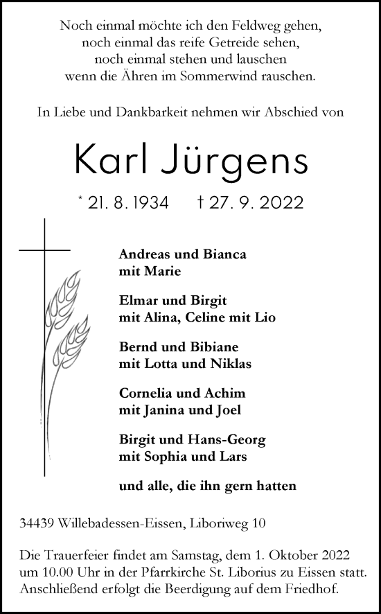 Traueranzeige von Karl Jürgens von Westfalen-Blatt