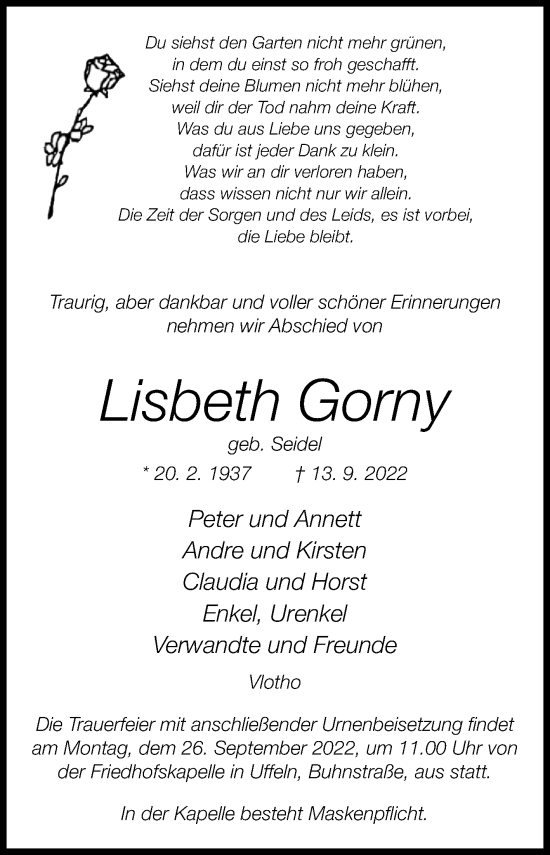 Traueranzeige von Lisbeth Gorny von Westfalen-Blatt