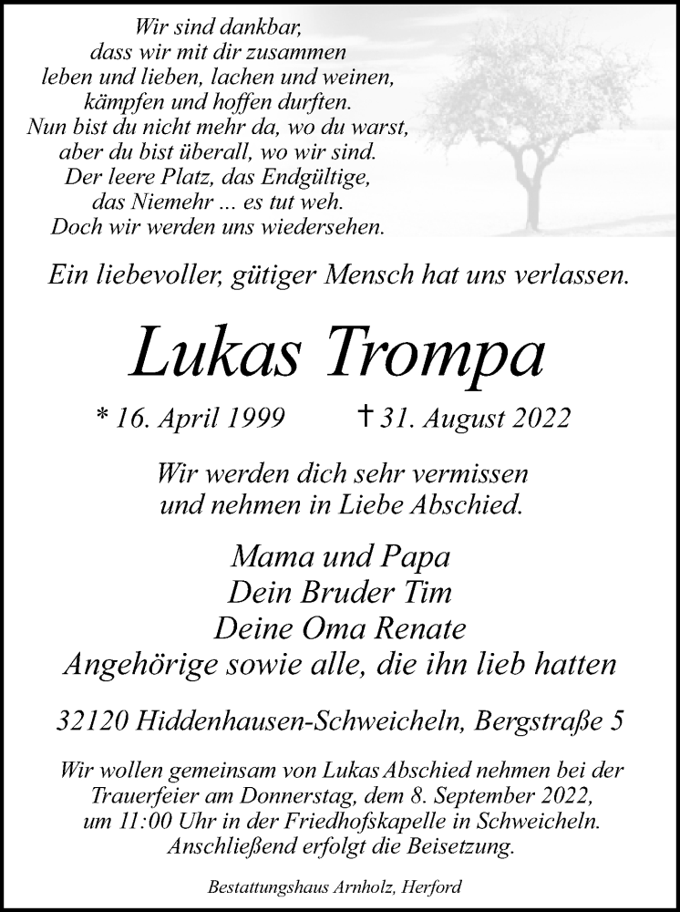  Traueranzeige für Lukas Trompa vom 03.09.2022 aus Westfalen-Blatt