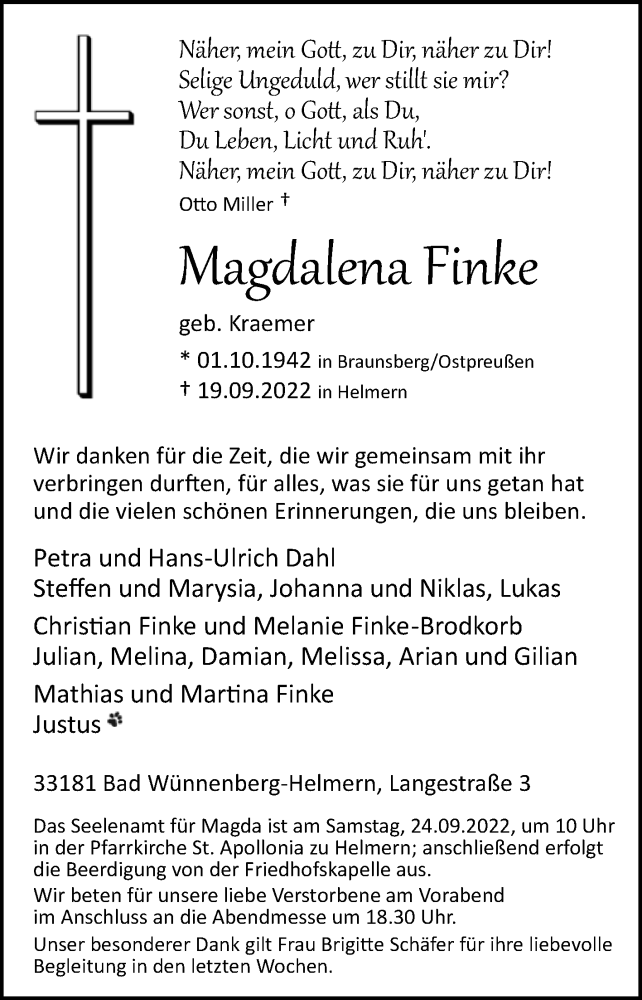  Traueranzeige für Magdalena Finke vom 22.09.2022 aus Westfalen-Blatt