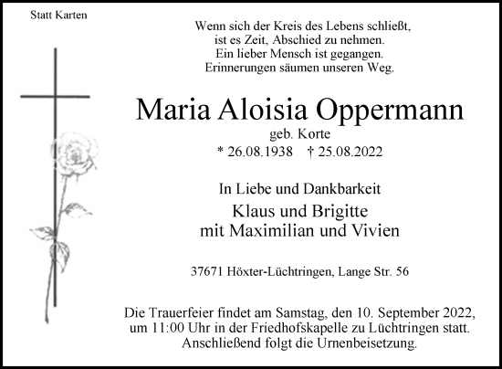 Traueranzeige von Maria Aloisia Oppermann von Westfalen-Blatt