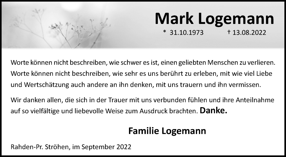  Traueranzeige für Mark Logemann vom 06.09.2022 aus Westfalen-Blatt