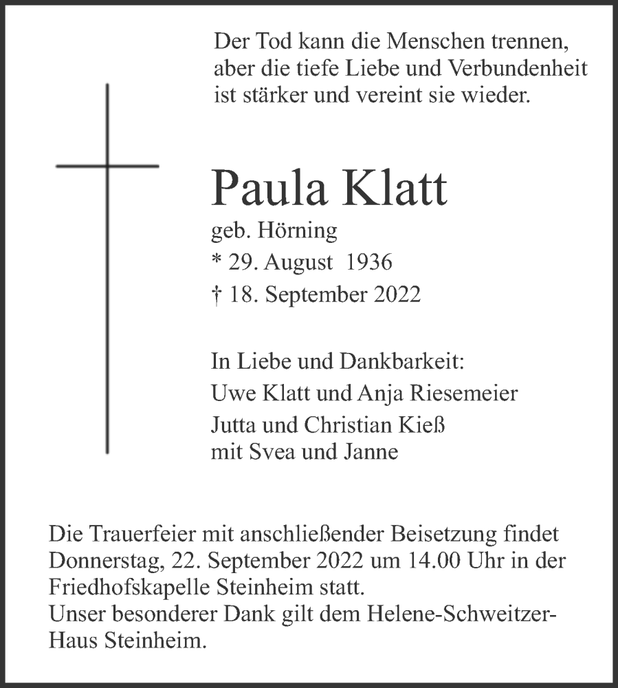  Traueranzeige für Paula Klatt vom 21.09.2022 aus Westfalen-Blatt