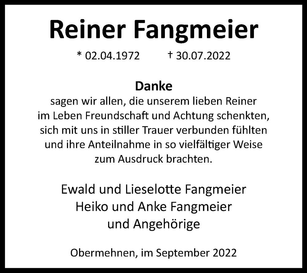  Traueranzeige für Reiner Fangmeier vom 24.09.2022 aus Westfalen-Blatt