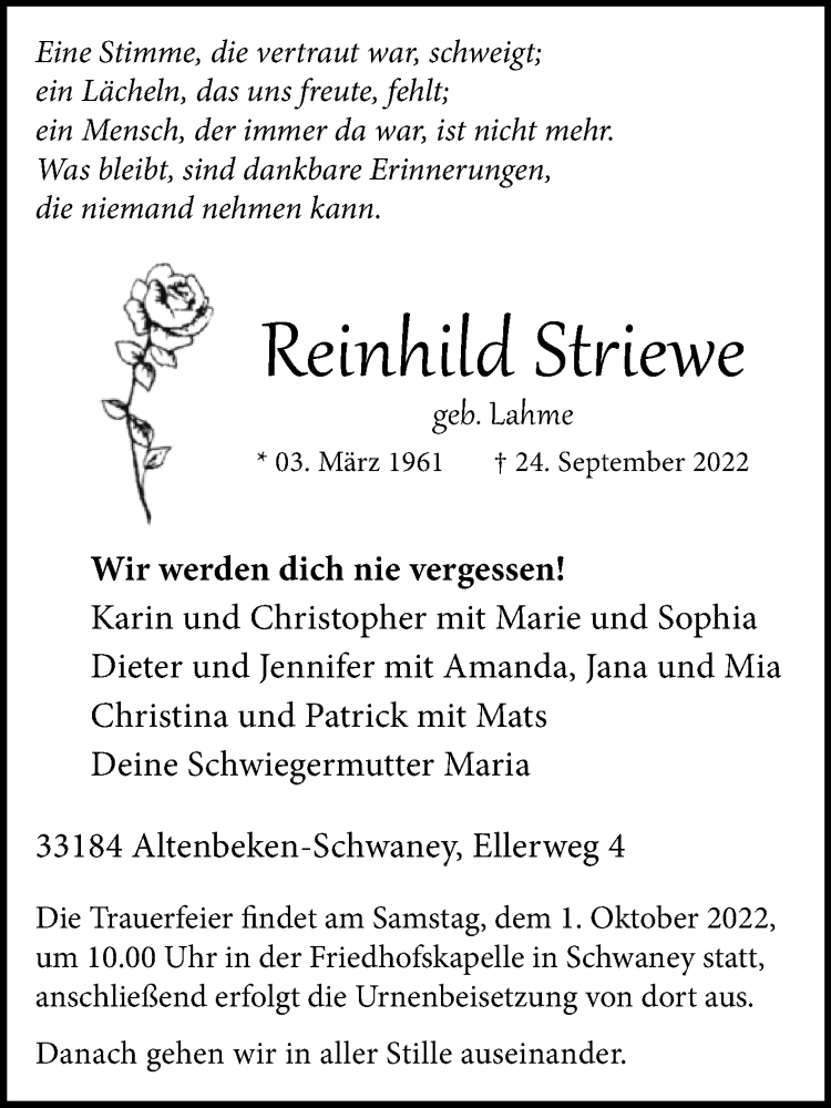  Traueranzeige für Reinhild Striewe vom 28.09.2022 aus Westfalen-Blatt