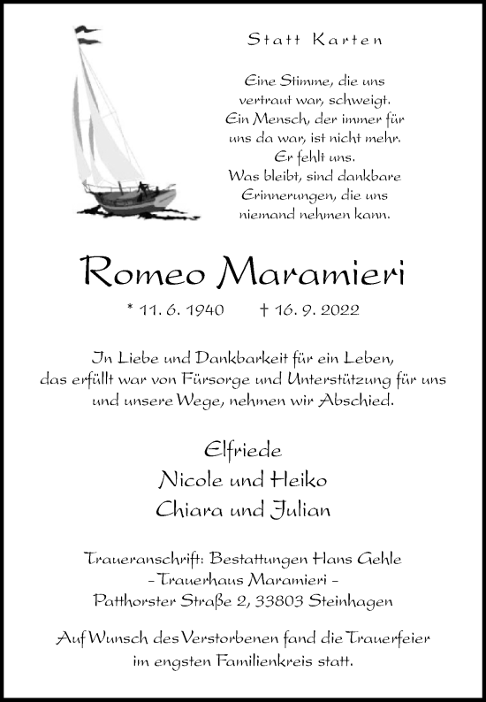 Traueranzeige von Romeo Maramieri von Westfalen-Blatt