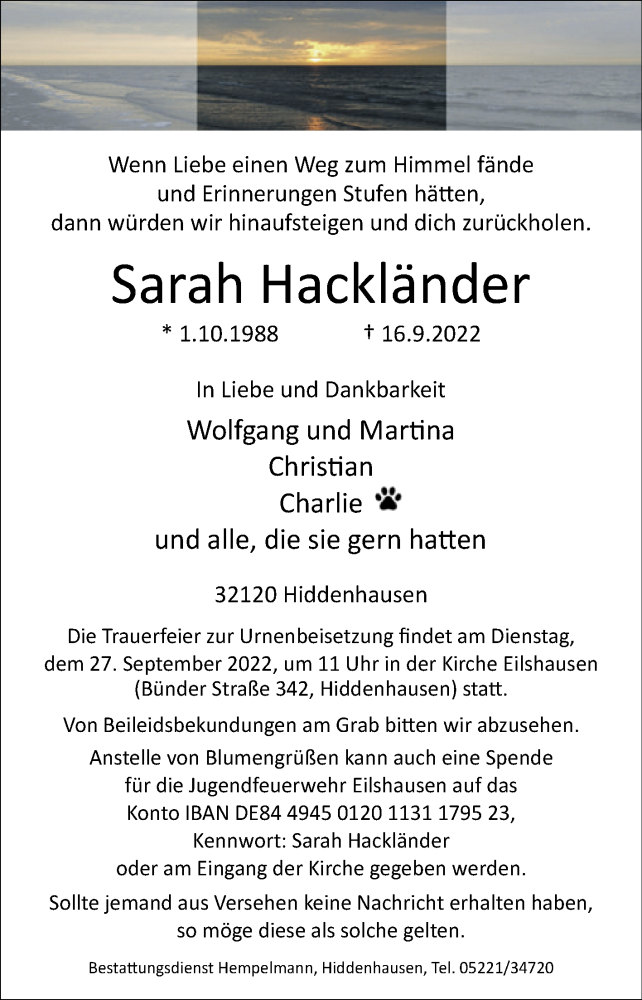  Traueranzeige für Sarah Hackländer vom 23.09.2022 aus Westfalen-Blatt