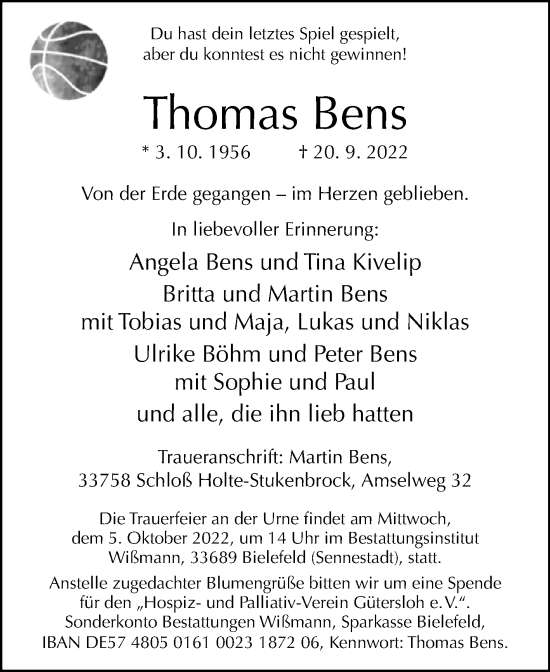 Traueranzeige von Thomas Bens von Westfalen-Blatt