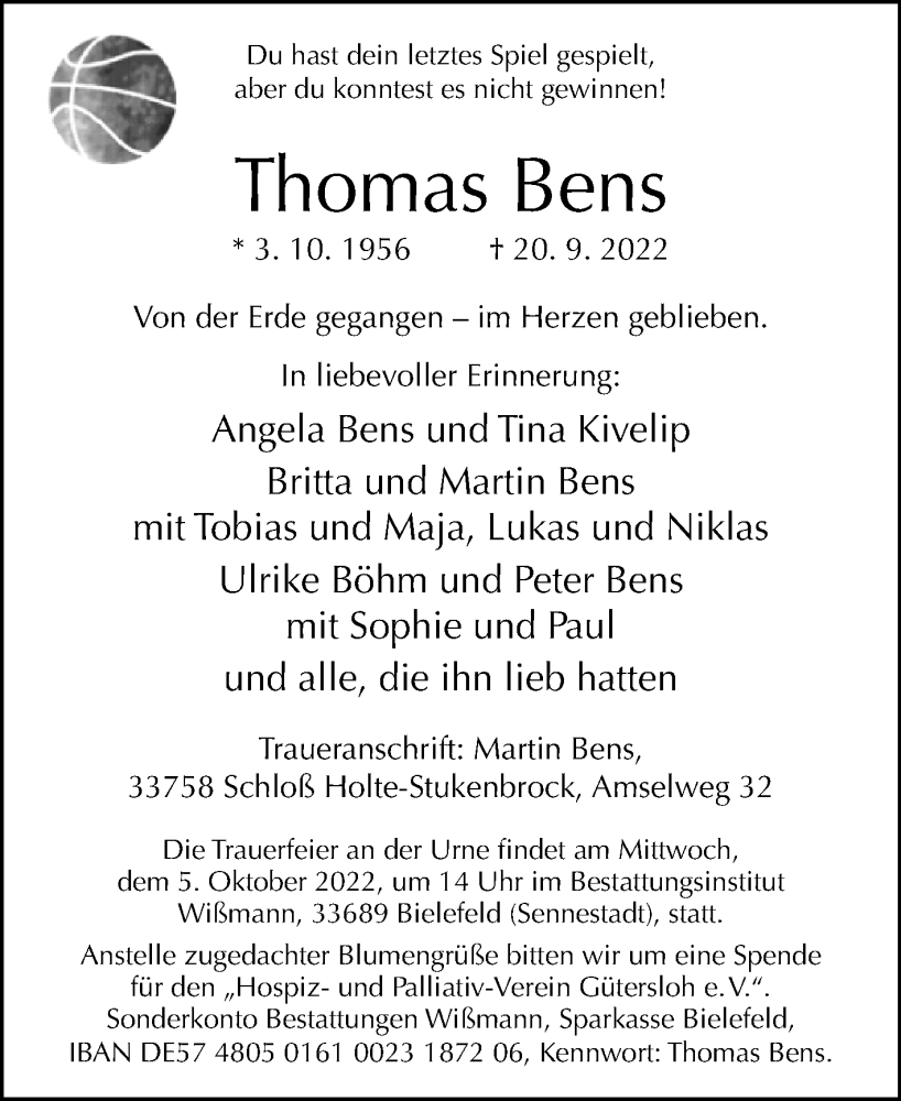  Traueranzeige für Thomas Bens vom 24.09.2022 aus Westfalen-Blatt