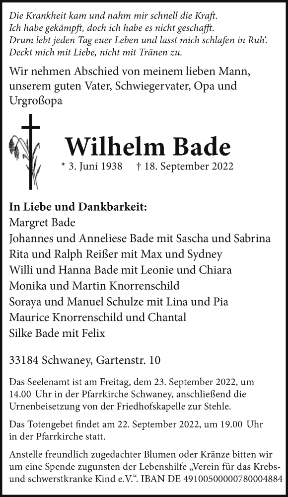  Traueranzeige für Wilhelm Bade vom 21.09.2022 aus Westfalen-Blatt
