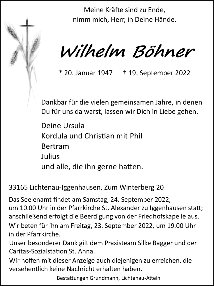  Traueranzeige für Wilhelm Böhner vom 21.09.2022 aus Westfalen-Blatt