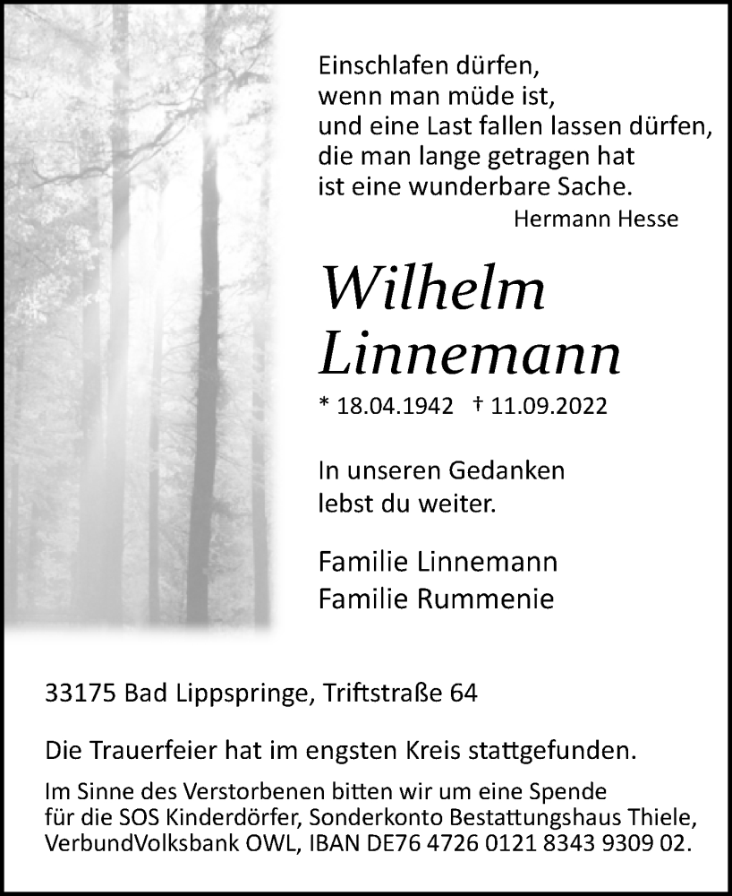  Traueranzeige für Wilhelm Linnemann vom 24.09.2022 aus Westfalen-Blatt