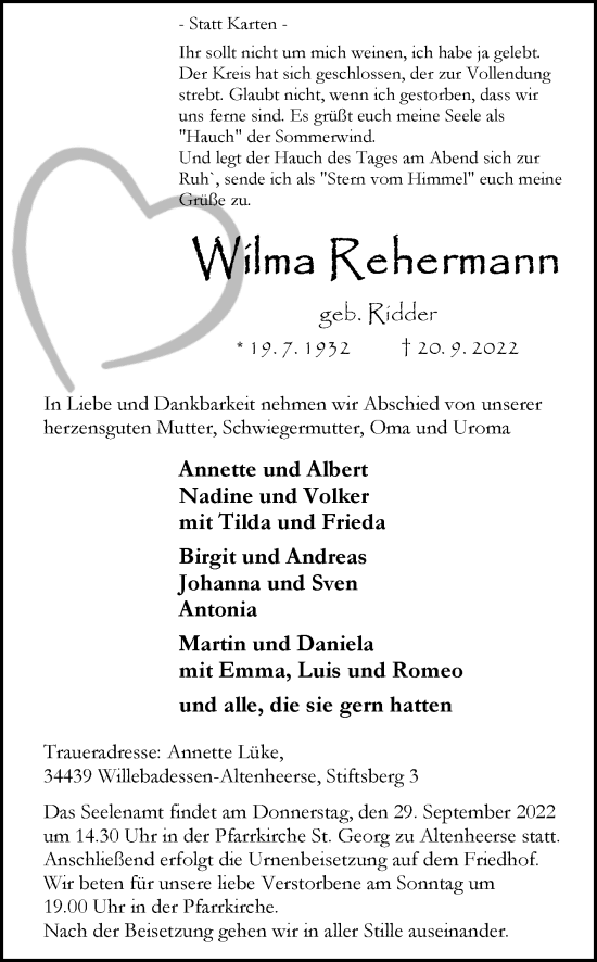 Traueranzeige von Wilma Rehermann von Westfalen-Blatt