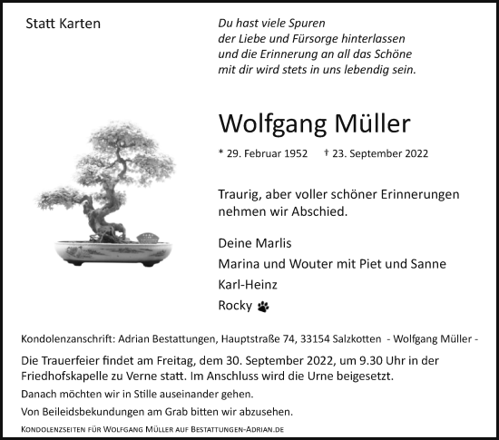 Traueranzeige von Wolfgang Müller von Westfalen-Blatt