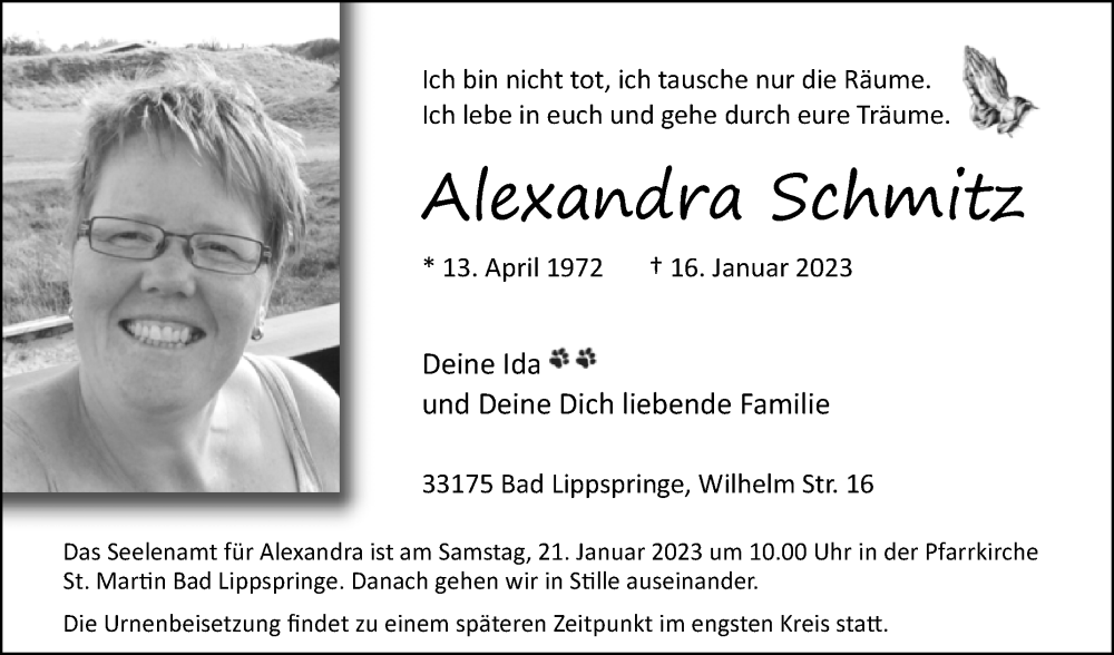  Traueranzeige für Alexandra Schmitz vom 19.01.2023 aus Westfalen-Blatt