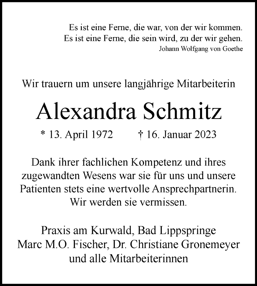  Traueranzeige für Alexandra Schmitz vom 21.01.2023 aus Westfalen-Blatt