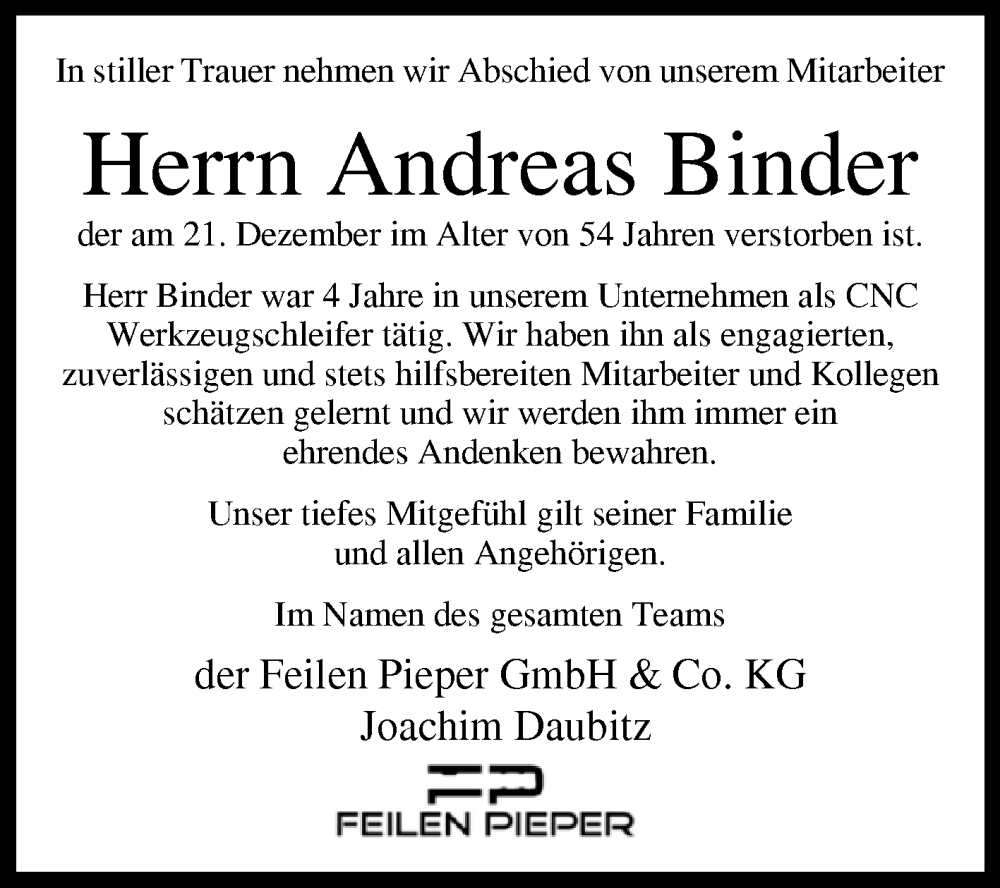  Traueranzeige für Andreas Binder vom 05.01.2023 aus Westfalen-Blatt