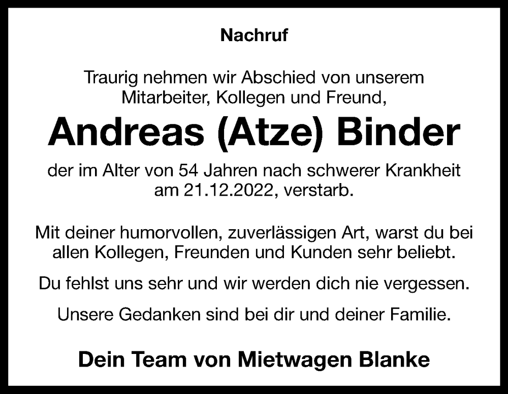  Traueranzeige für Andreas Binder vom 05.01.2023 aus Westfalen-Blatt