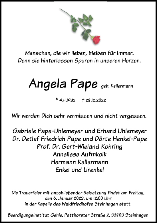 Traueranzeige von Angela Pape von Westfalen-Blatt