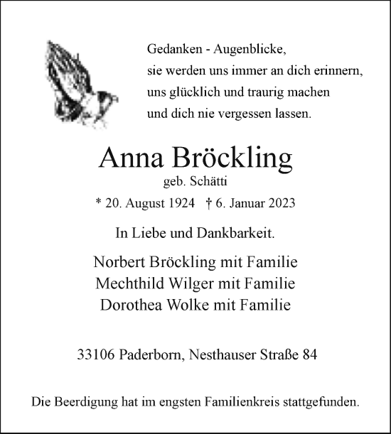 Traueranzeige von Anna Bröckling von Westfalen-Blatt