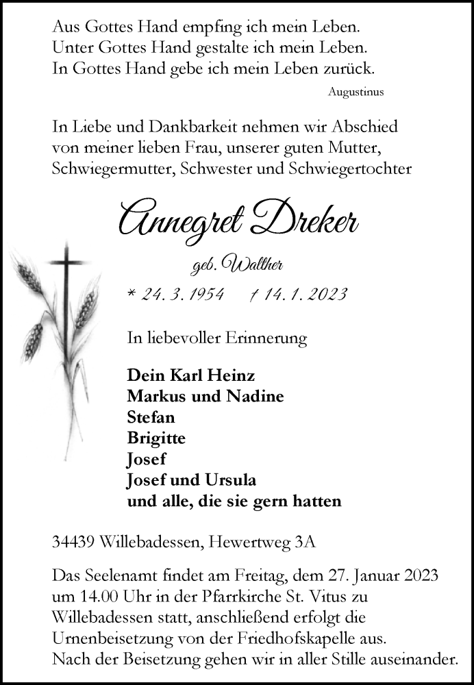  Traueranzeige für Annegret Dreker vom 21.01.2023 aus Westfalen-Blatt