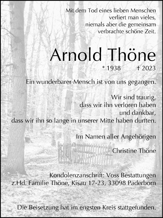 Traueranzeige von Arnold Thöne von Westfalen-Blatt
