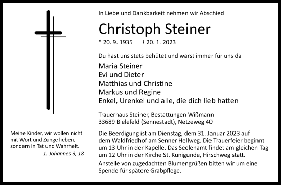 Traueranzeige von Christoph Steiner von Westfalen-Blatt