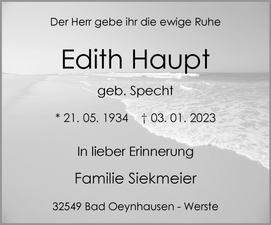 Traueranzeige von Edith Haupt von Westfalen-Blatt