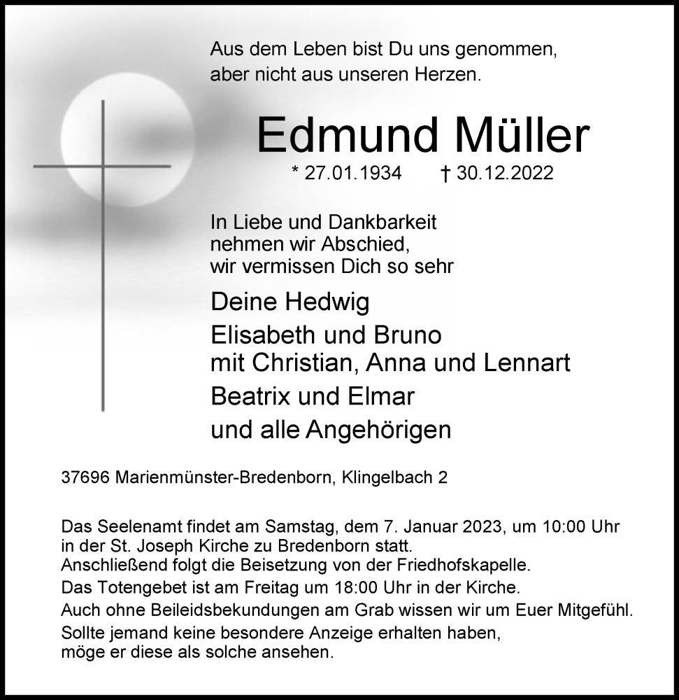  Traueranzeige für Edmund Müller vom 04.01.2023 aus Westfalen-Blatt