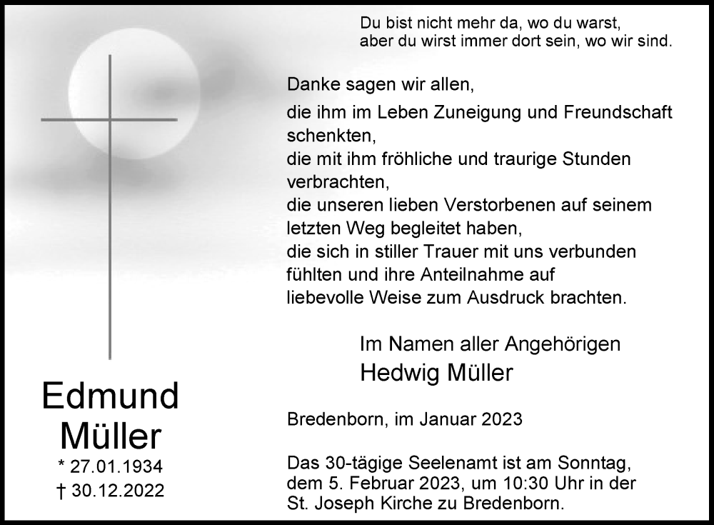  Traueranzeige für Edmund Müller vom 28.01.2023 aus Westfalen-Blatt