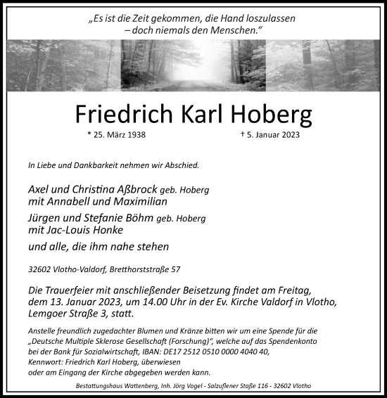 Traueranzeige von Friedrich Karl Hoberg von Westfalen-Blatt