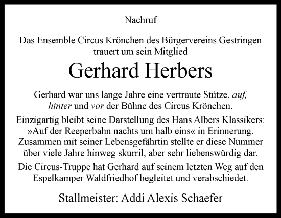 Traueranzeige von Gerhard Herbers von Westfalen-Blatt
